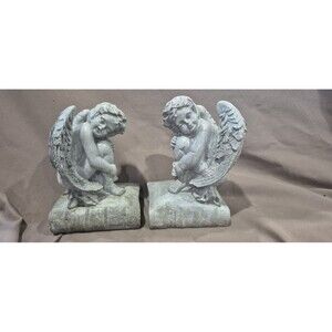 AB Concrete Creations Bookends Cherub Angel Perched On Books 7x4 Home Decor EUC